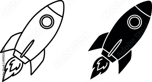 Two rocket ship icons outline and solid black versions