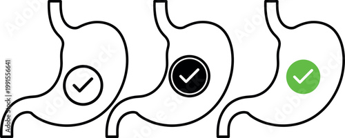 Stomach health progression illustration of digestive system with checkmarks