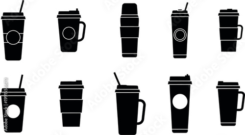 Black silhouette collection of disposable coffee cups with lids and straws
