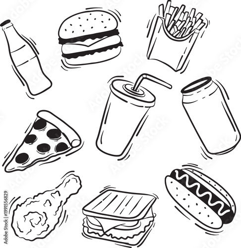 Artistic black and white sketch outline compilation showcasing various beloved fast food selections like burgers, pizza, and soda, ideal for casual dining promotions
