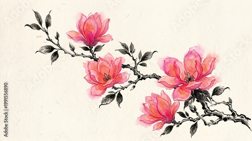 Pink watercolor flowers on a branch with dark leaves on textured paper