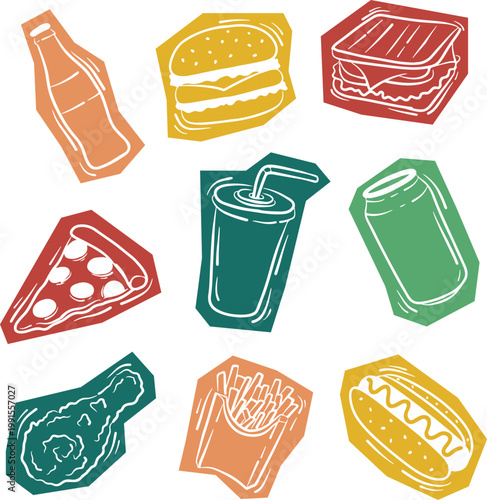 A colorful sticker linocut-style collection of popular fast food and drink items, including pizza, burger, sandwich, soda, and fries