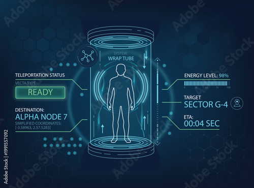 Futuristic sci-fi teleportation interface featuring a human silhouette inside a high-tech Wrap Tube glass chamber, displaying digital HUD data, energy levels, and spatial coordinates for advanced trav