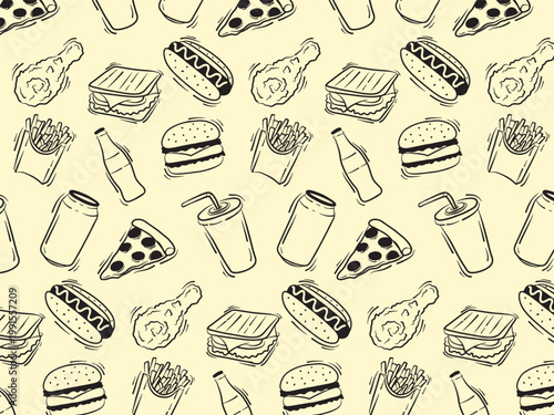 Seamless hand-drawn fast food pattern with doodle illustrations of burgers, fries, pizza, hot dogs, chicken, and drinks, ideal for culinary designs