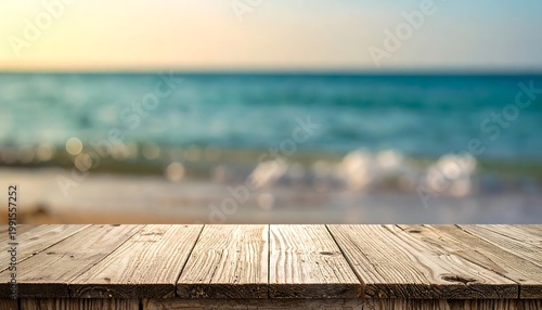 Empty Wooden Table Top On Blurred Tropical Beach Background With Blue Sea Waves And Golden Sunset Light At Summer Coast