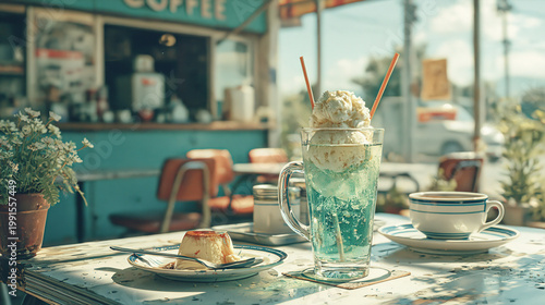 懐かしい雰囲気の喫茶店内に置かれたクリームソーダと新聞やカップが並ぶ情景、温かみのある光と空間演出が日常のくつろぎを感じさせる構図で広告やSNSにも使える高品質ビジュアル素材