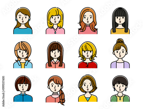 ベクターイラスト素材：驚いてびっくりしている若い女性アイコンセット