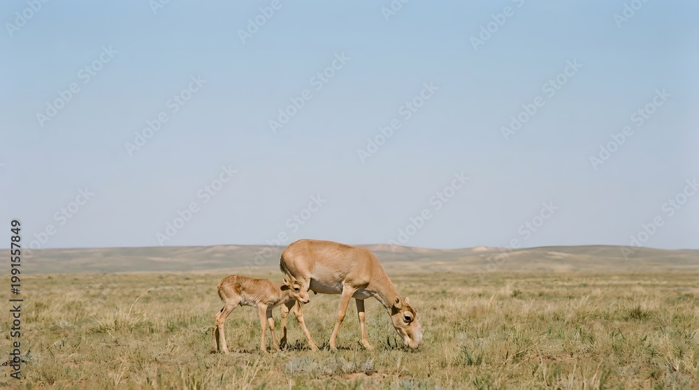 Naklejka premium A mother antelope grazes with her baby in a vast savannah landscape.