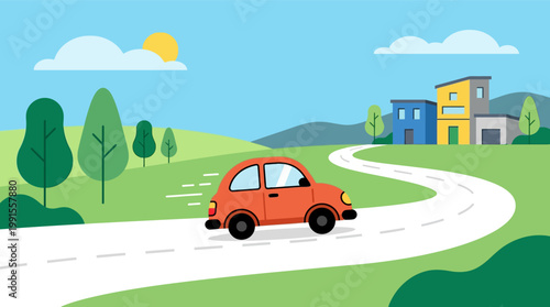 Small orange car on the road.