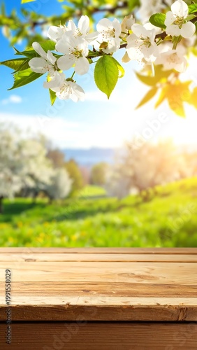 Empty Wooden Table Top With White Cherry Blossom Flowers Against Blurred Sunny Spring Landscape Background With Green Grass And Blue