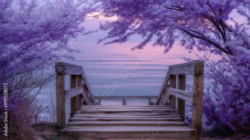 Wooden staircase leading to tranquil water under purple trees