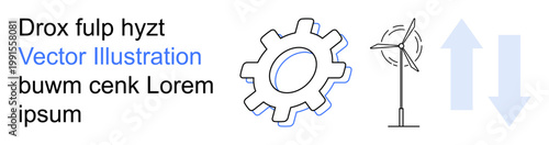 Renewable energy, sustainability, industrial processes, energy flow, environmental conservation, efficiency systems. Abstract gear, wind turbine and arrow symbols energy concepts. Renewable energy