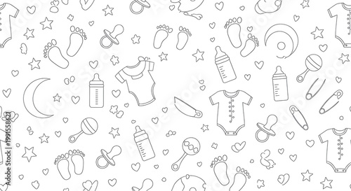 Baby themed seamless pattern of baby clothes and accessories on white background