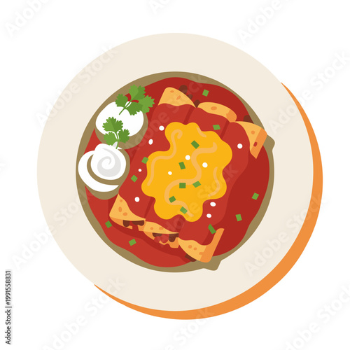 A vibrant overhead shot of enchiladas with sauce and crema. Perfect for Cinco de Mayo or Mexican food themes. Clean, modern illustration.