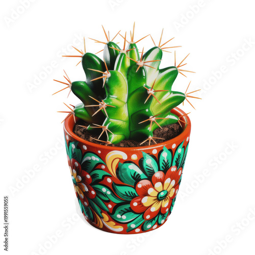 A charming decorative cactus plant in a vibrant and colorful patterned ceramic pot
