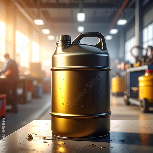 Black Industrial Plastic Jerrycan Container With Oil Droplets On Metal Workbench In Blurred Workshop Garage Background With Warm Cinematic Lighting