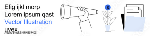 Business growth, investment planning, financial strategy, decision-making, economic analysis, corporate management. A hand holds a telescope near a dollar sign and documents. Business growth
