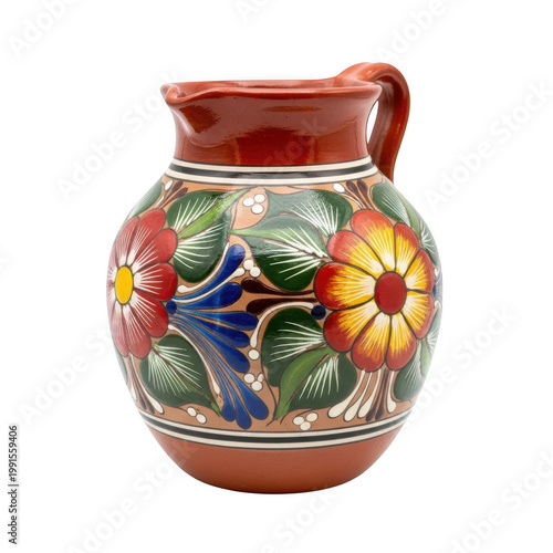 Colorful ceramic pitcher adorned with vibrant floral and fruit patterns in traditional decorative style