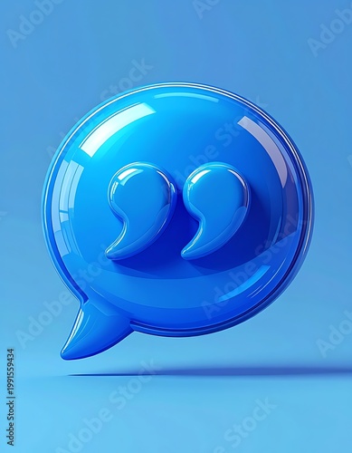 A blue chat bubble with a quotation mark inside