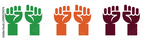 Raised, fists in different colors symbolizing solidarity and unity, vector illustration set, diverse community empowerment concept, protest and support icons, equality and strength symbols, flat 
