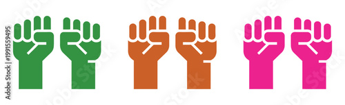 Raised, multicolored fists unity and solidarity icon set, vector illustration, diversity and empowerment concept, social justice symbols, teamwork and support visuals, flat vector graphics for 