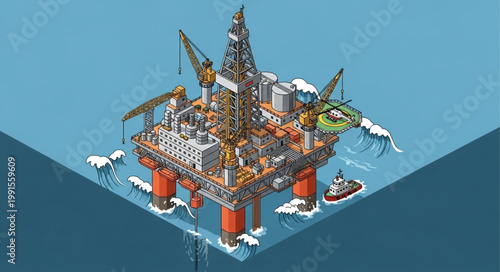 Isometric Construction Site with Buildings and Equipment.