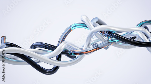 Abstract composition of intertwined black, white, and transparent cables with illuminated elements, showcasing a futuristic and technological aesthetic