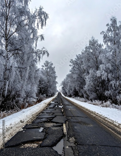 Damaged Rural Asphalt Road Leading Through Frozen Birch Forest With White Hoarfrost Trees And Snow Under Overcast Winter