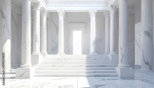 A bright, sunlit interior showcases a grand staircase and rows of classical columns, evoking a sense of timeless elegance and architectural grandeur.