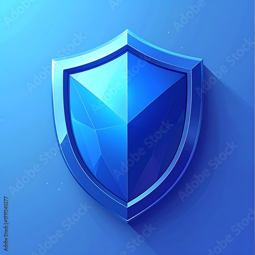 A blue shield icon with a metallic sheen on a gradient blue background