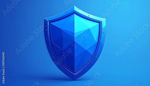 A blue shield with a metallic border and geometric design