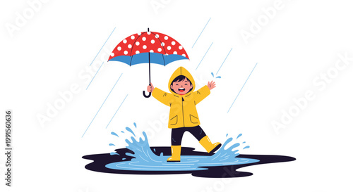 Happy little child wearing a bright yellow raincoat and boots jumping in a water puddle with a red polka dot umbrella.