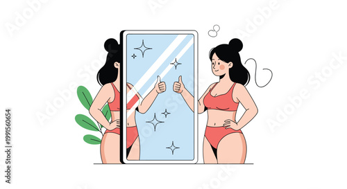 Confident young woman in underwear standing before a mirror and giving herself a thumbs up with a happy smile.