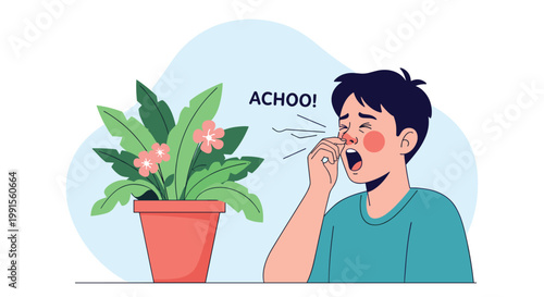 Young boy sneezing into his hand near a green potted plant with flowers as a sign of seasonal allergy symptoms.