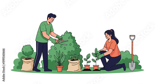 Happy man and woman working together in their garden while trimming bushes and planting new flowers in clay pots.