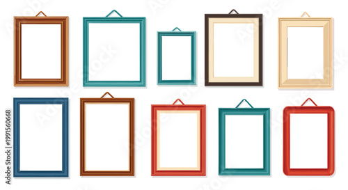 Large set of ten colorful empty picture frames of different shapes and sizes hanging on a wall for gallery display.
