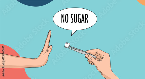 Human hand making a refusal gesture to a small sugar cube held by tweezers with a text bubble saying no sugar.