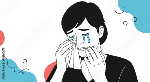 Detailed black and white illustration of a person crying and wiping tears with a tissue showing deep sadness and grief.