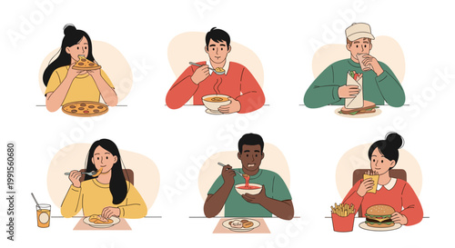 Large set of diverse people enjoying different types of food like pizza, soup, burgers, and street food at tables.