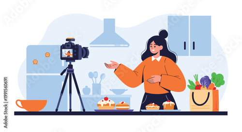 Young female food blogger recording a cooking video in her kitchen with pastries, cakes, and fresh vegetables.