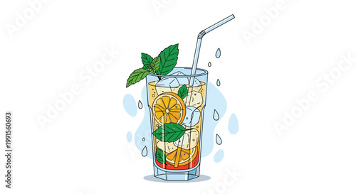 Tall glass of refreshing iced tea with orange slices and fresh green mint leaves isolated on a white background.