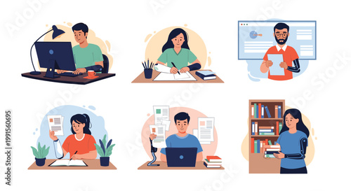 Set of people with prosthetic arms living an active lifestyle including working at a computer, writing, and reading.