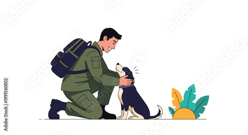 Joyful soldier in military uniform kneels down to pet and bond with a friendly black and white dog outdoors near some colorful green plants.