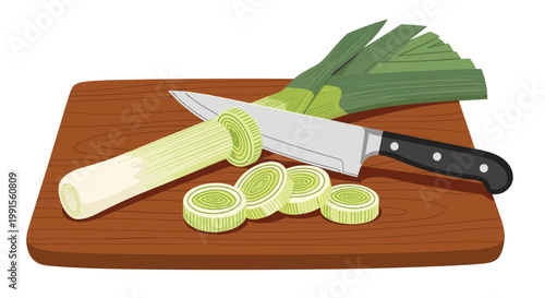 Fresh green leeks are sliced into round pieces on a wooden cutting board with a sharp chef knife in a kitchen while preparing a healthy meal.