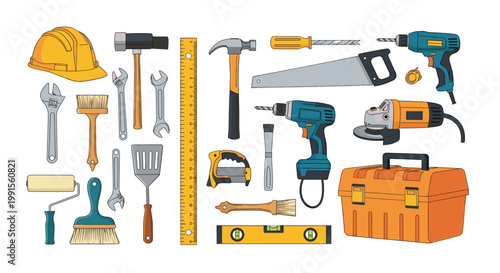 Comprehensive collection of various construction hand tools and equipment like a hammer, drill, saw, and wrenches neatly organized for work.