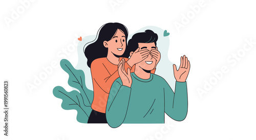 Smiling young woman playfully covers the eyes of her boyfriend from behind to surprise him in a romantic and joyful conceptual illustration.
