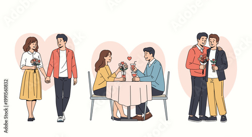Selection of romantic scenes showing diverse couples walking hand in hand, sharing a candlelit dinner, and embracing with flowers and gifts.