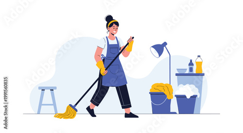 Hardworking cleaning lady wearing an apron and gloves mops a floor with yellow buckets and various detergent bottles nearby in a neat room.