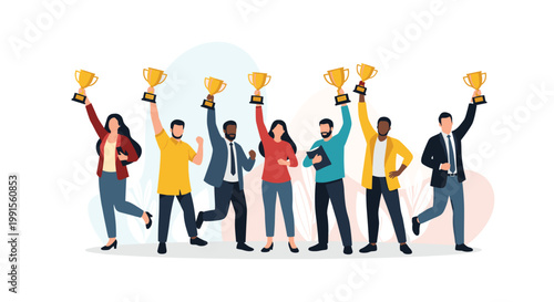 Group of diverse business professionals celebrating a major success by holding up gold trophies and cheering together with excitement.