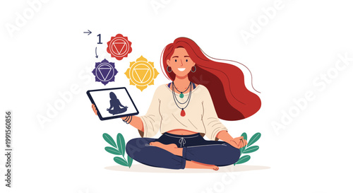 Peaceful woman meditates in a lotus position while holding a tablet showing yoga poses and colorful chakra symbols for spiritual balance.